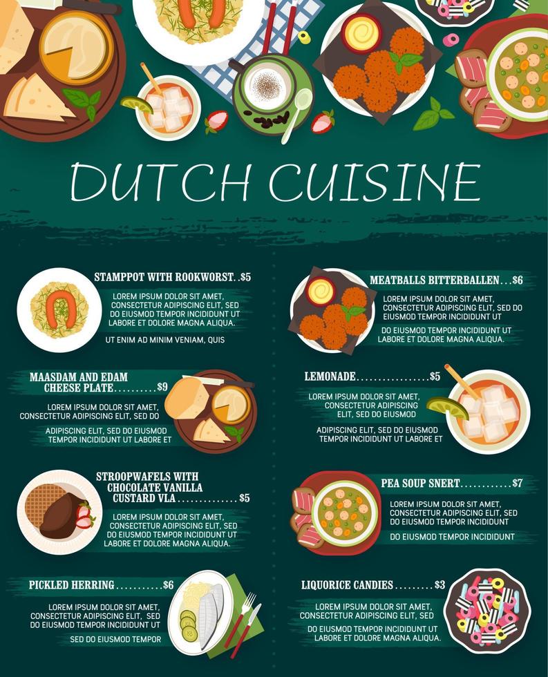 Nederlands keuken menu of Nederland voedsel gerechten vector