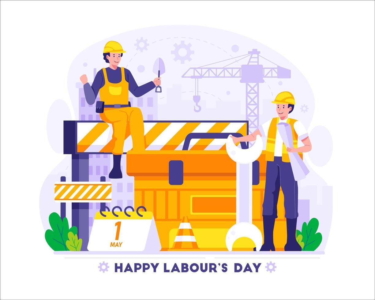 gelukkig arbeid dag. bouw arbeiders zijn Holding de hulpmiddelen. arbeiders dag. vector illustratie