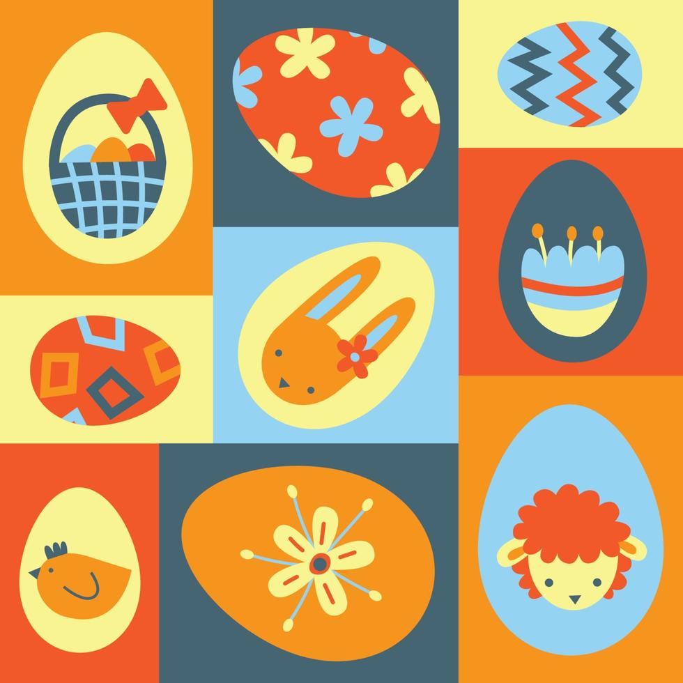 Pasen eieren reeks met decoratie en ornament poster. lente vakantie symbolen in retro stijl. konijn, eieren, lam, kip, jacht mand, bloemen vector abstract grafisch modern vlak illustratie.