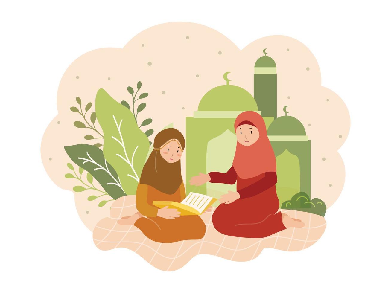 vector ontwerp viering Ramadan en eid mubarak familie, bidden en geven tekenfilm karakter illustratie concept