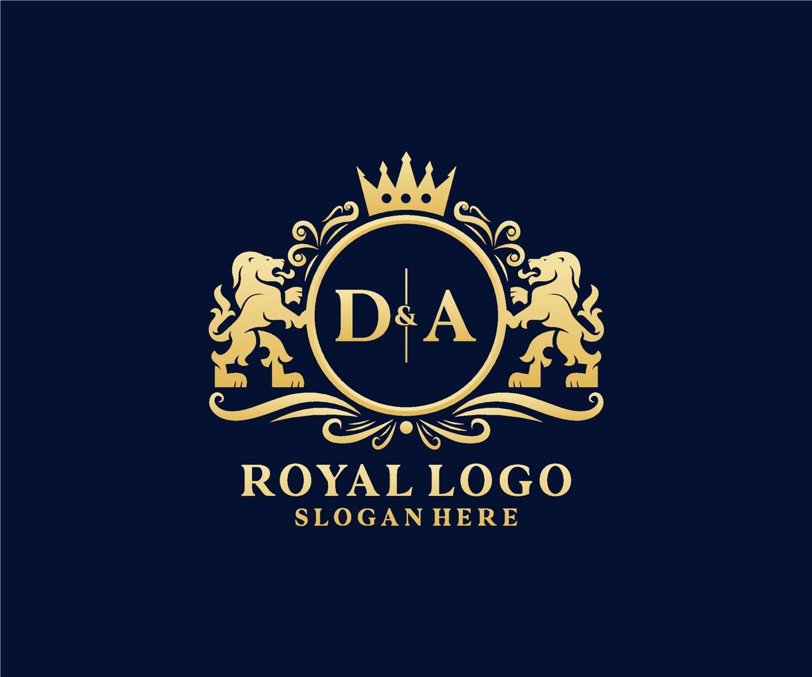 eerste da brief leeuw Koninklijk luxe logo sjabloon in vector kunst voor restaurant, royalty, boetiek, cafe, hotel, heraldisch, sieraden, mode en andere vector illustratie.