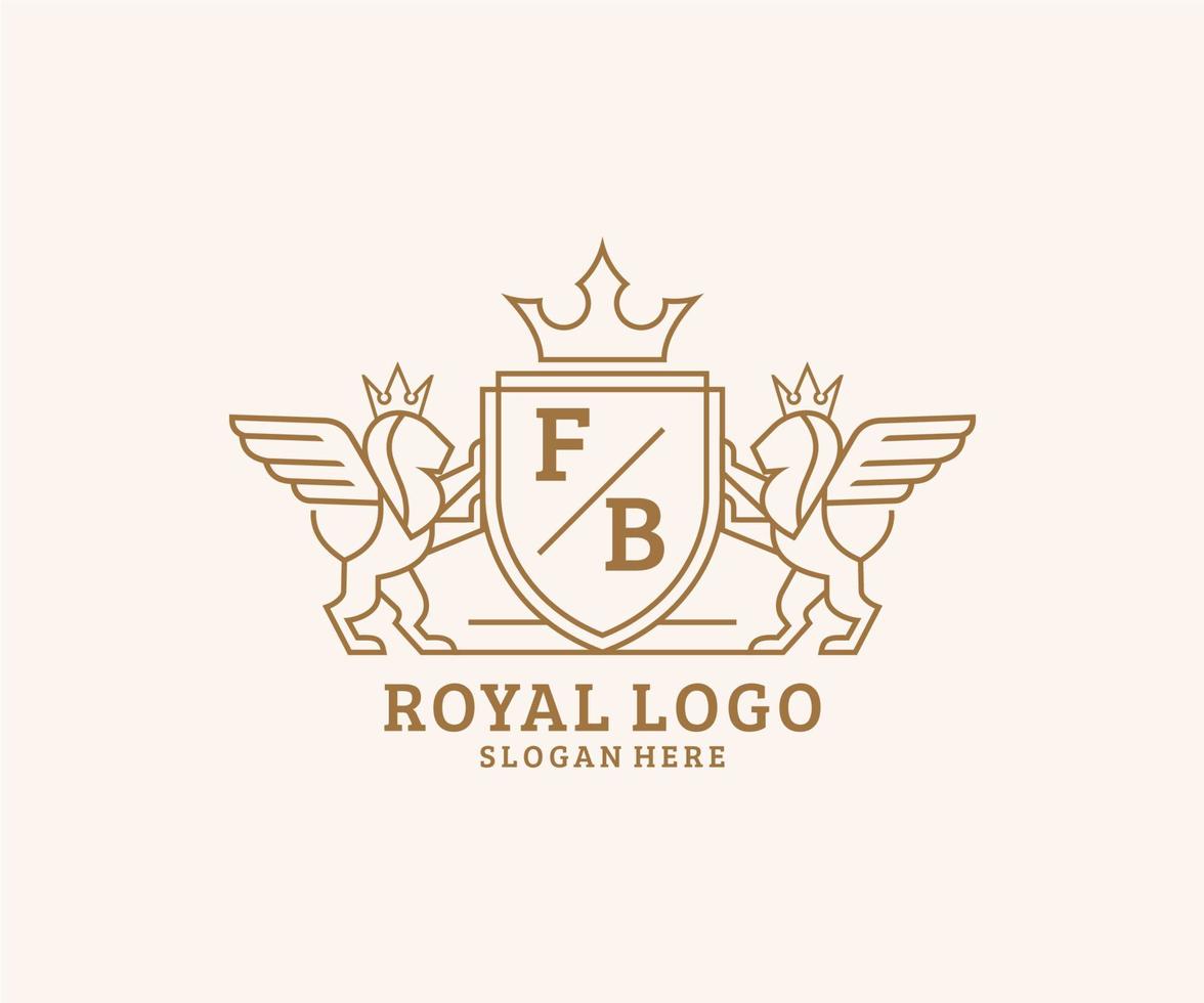 eerste fb brief leeuw Koninklijk luxe heraldisch, wapen logo sjabloon in vector kunst voor restaurant, royalty, boetiek, cafe, hotel, heraldisch, sieraden, mode en andere vector illustratie.