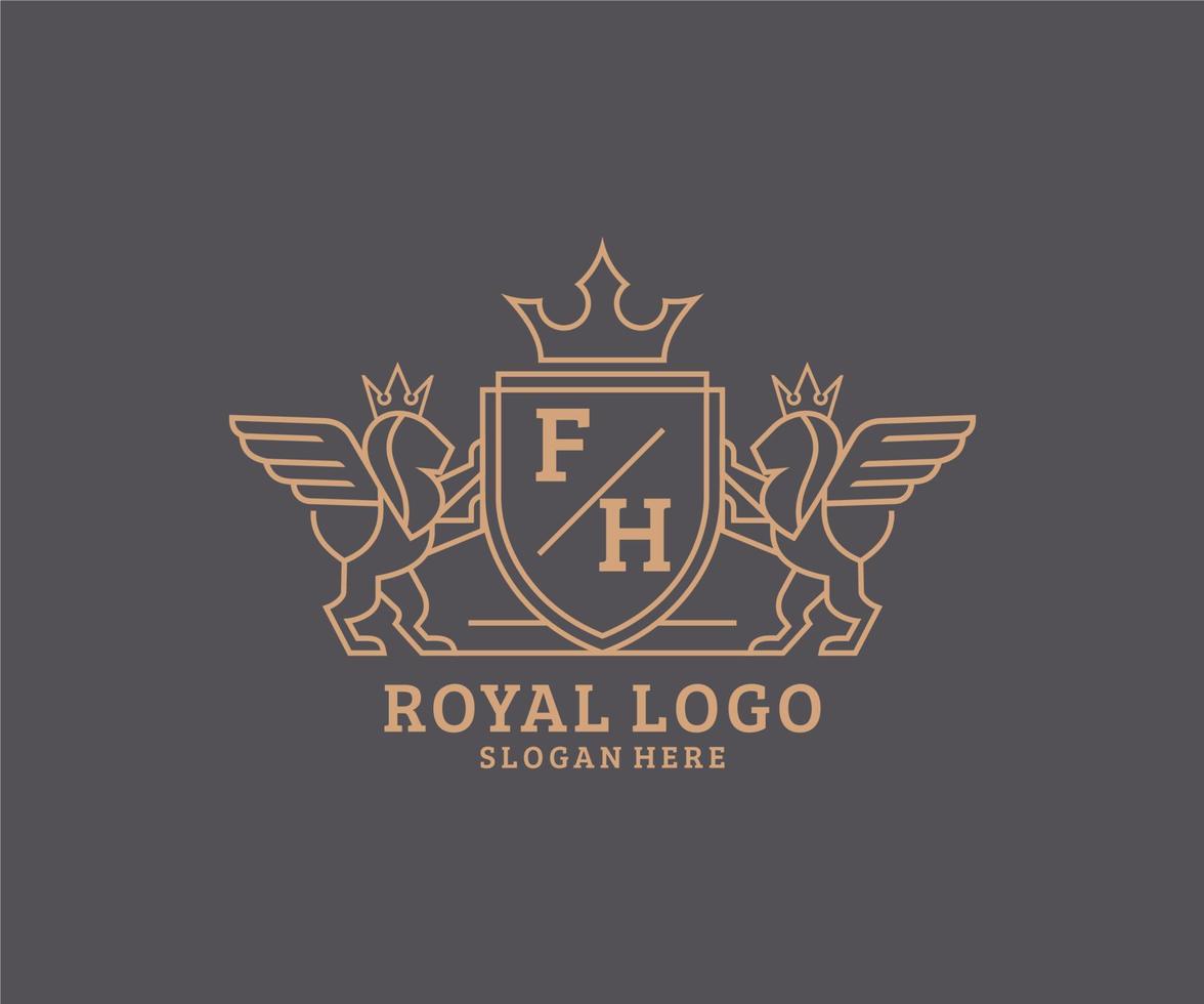 eerste fh brief leeuw Koninklijk luxe heraldisch, wapen logo sjabloon in vector kunst voor restaurant, royalty, boetiek, cafe, hotel, heraldisch, sieraden, mode en andere vector illustratie.