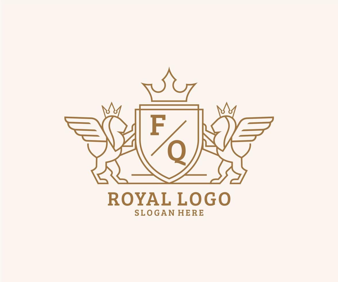 eerste fq brief leeuw Koninklijk luxe heraldisch, wapen logo sjabloon in vector kunst voor restaurant, royalty, boetiek, cafe, hotel, heraldisch, sieraden, mode en andere vector illustratie.