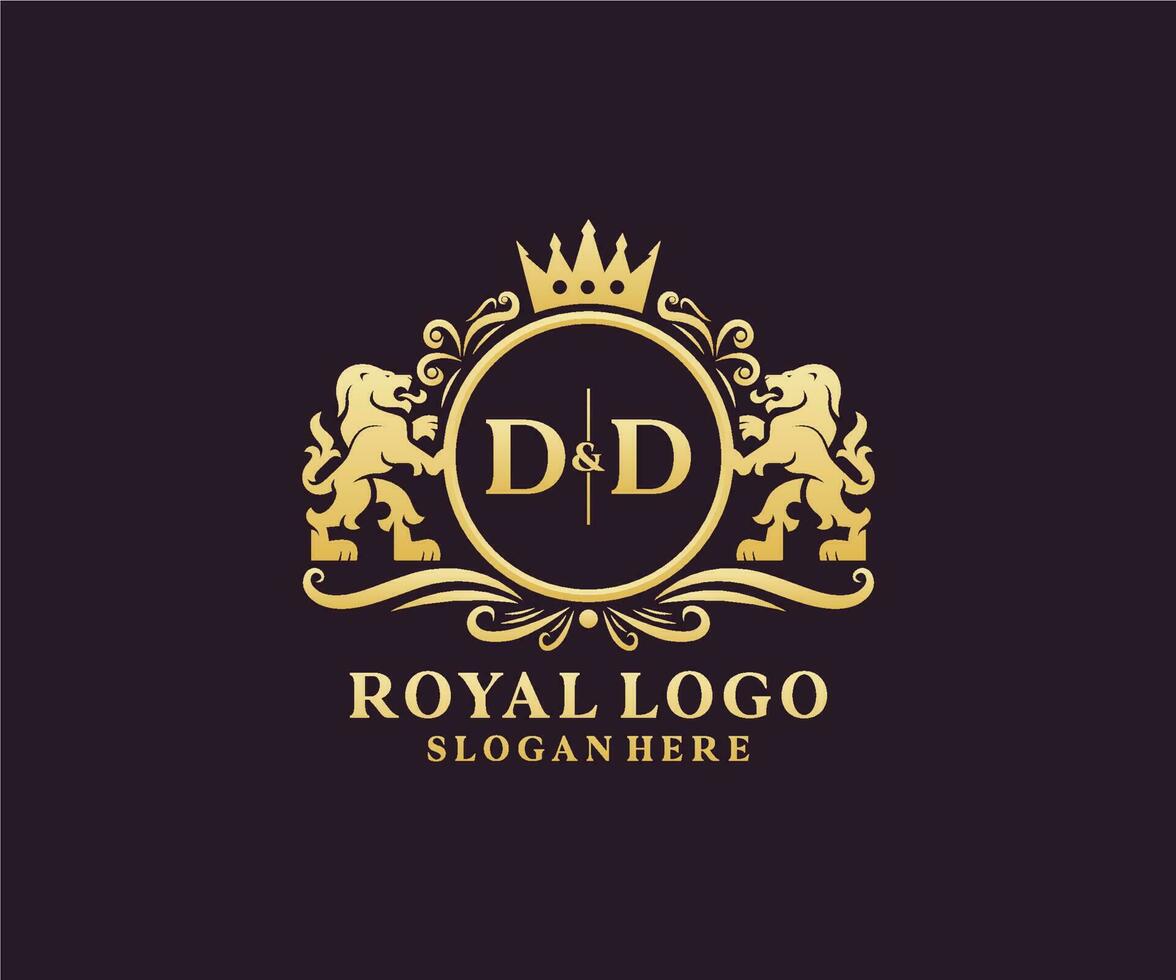 eerste dd brief leeuw Koninklijk luxe logo sjabloon in vector kunst voor restaurant, royalty, boetiek, cafe, hotel, heraldisch, sieraden, mode en andere vector illustratie.