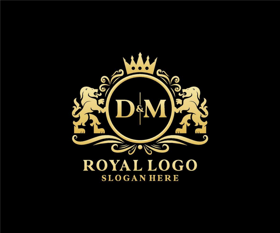 eerste dm brief leeuw Koninklijk luxe logo sjabloon in vector kunst voor restaurant, royalty, boetiek, cafe, hotel, heraldisch, sieraden, mode en andere vector illustratie.