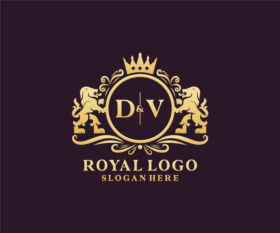 eerste dv brief leeuw Koninklijk luxe logo sjabloon in vector kunst voor restaurant, royalty, boetiek, cafe, hotel, heraldisch, sieraden, mode en andere vector illustratie.