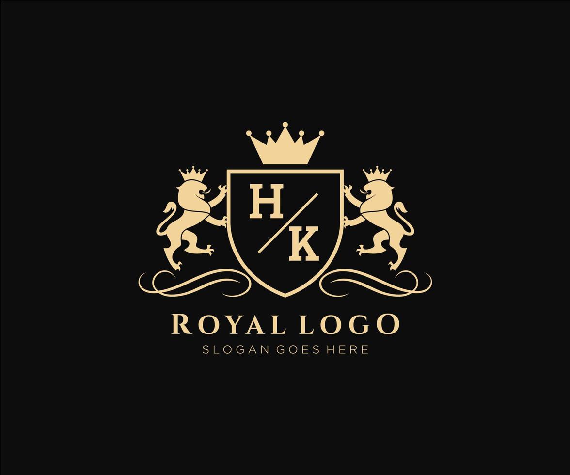 eerste hk brief leeuw Koninklijk luxe heraldisch, wapen logo sjabloon in vector kunst voor restaurant, royalty, boetiek, cafe, hotel, heraldisch, sieraden, mode en andere vector illustratie.