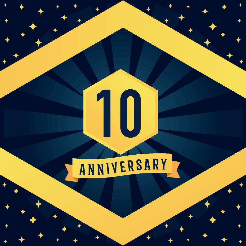 10 jaar verjaardag logotype ontwerp met blauw twist oneindigheid meerdere lijn ontwerp in geel kleur grens sjabloon vector illustratie