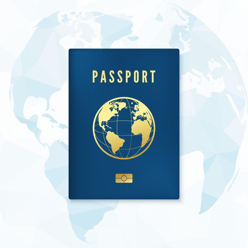 biometrisch blauw paspoort Hoes sjabloon. identiteit document met digitaal ID kaart met globaal kaart Aan achtergrond. vector illustratie