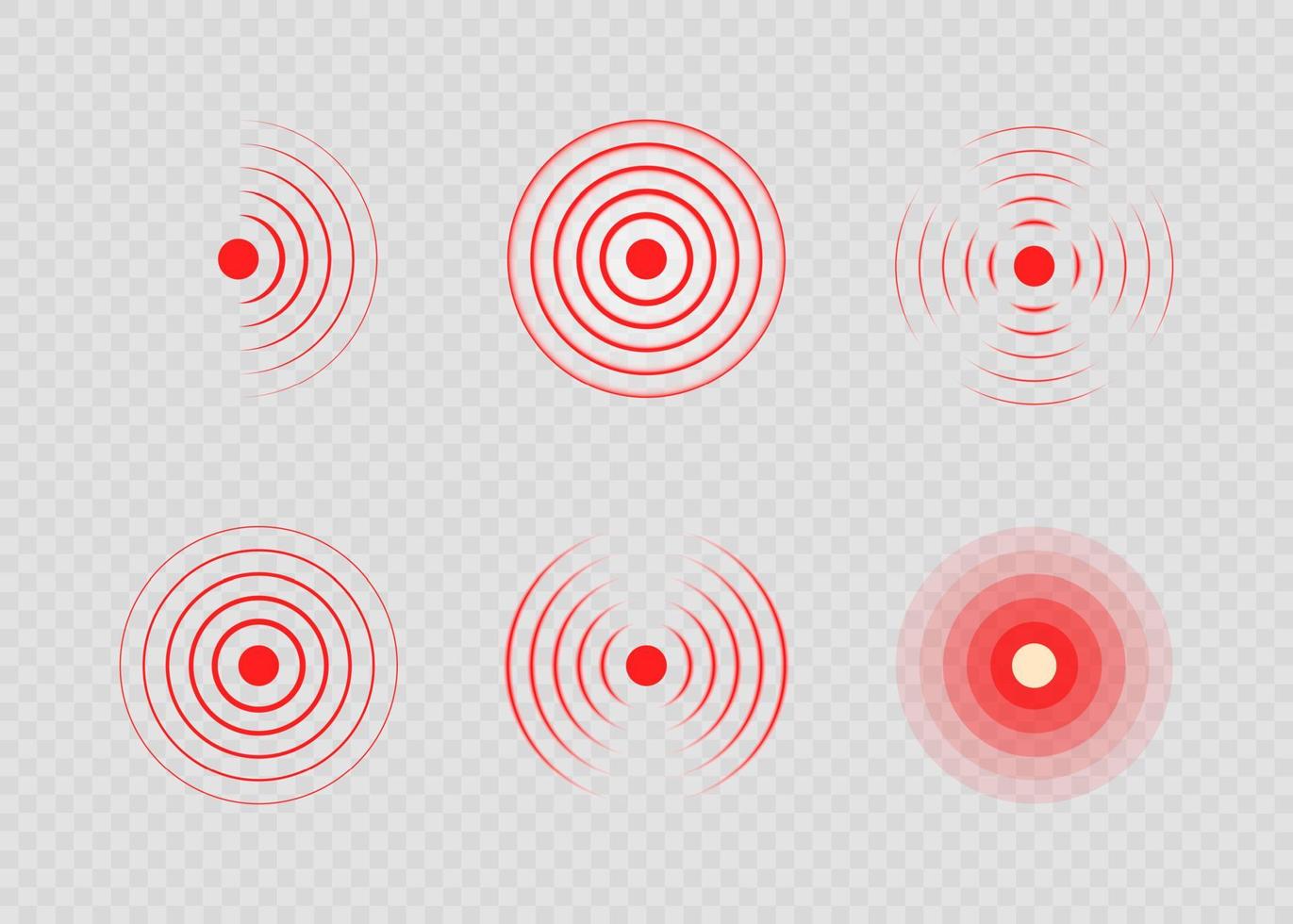 reeks van rood pijnlijk doelwit plek. pijn cirkels. sonar golven. rood ringen van pijn naar aangeven lokalisatie van pijn. vector illustratie