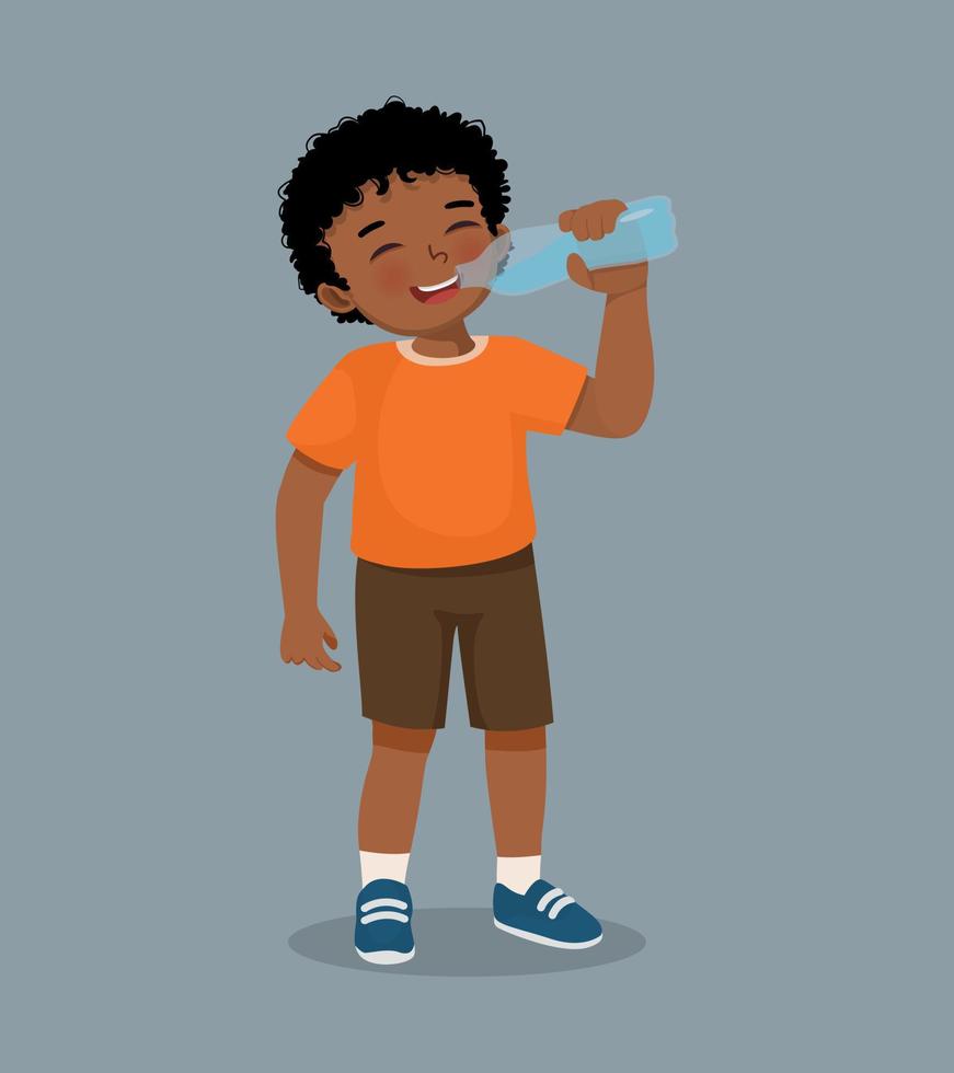 schattig weinig Afrikaanse jongen gevoel dorstig drinken vers water van een fles vector
