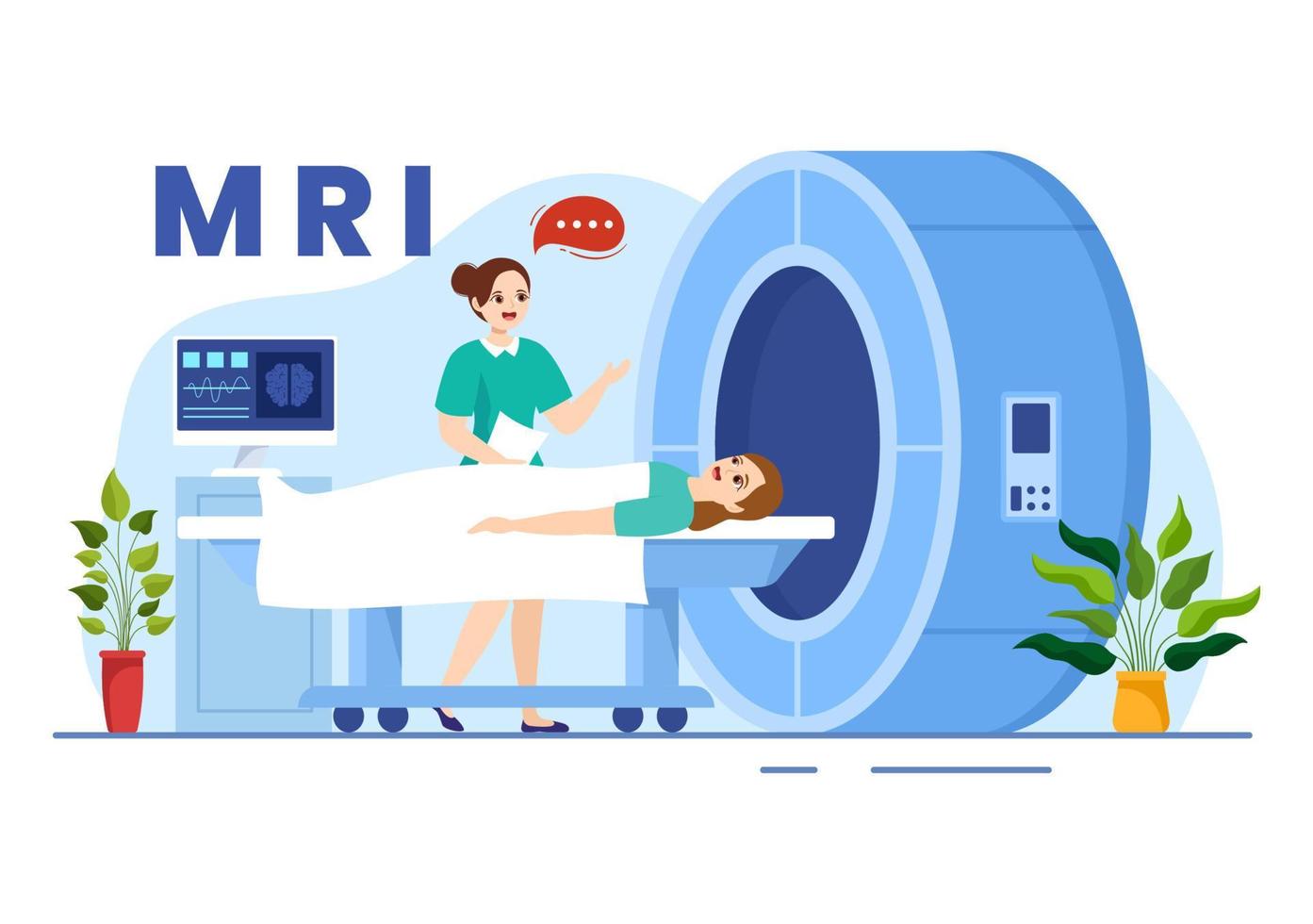 mri of magnetisch resonantie in beeld brengen illustratie met dokter en geduldig Aan medisch examen en ct scannen in vlak tekenfilm hand- getrokken Sjablonen vector