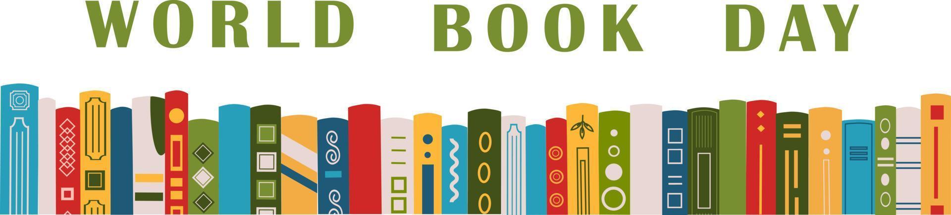 wereld boek dag spandoek. horizontaal banier met verschillend boeken. reclame sjabloon voor boekhandel, boekhandel, bibliotheek. vector illustratie.