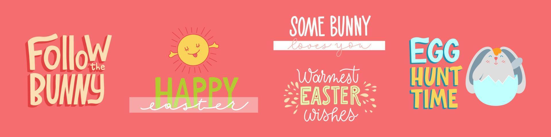 blij gelukkig Pasen hand getekend belettering reeks voor groet kaarten, sociaal media berichten, stickers. kleurrijk snoep pastel kleuren voorjaar vector illustratie in vlak stijl.