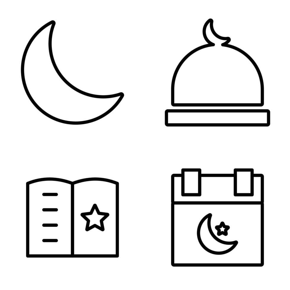 Islam icoon reeks wit achtergrond lijn ontwerp, vector illustratie van moskee, ster maan, heilig boek, ornament.