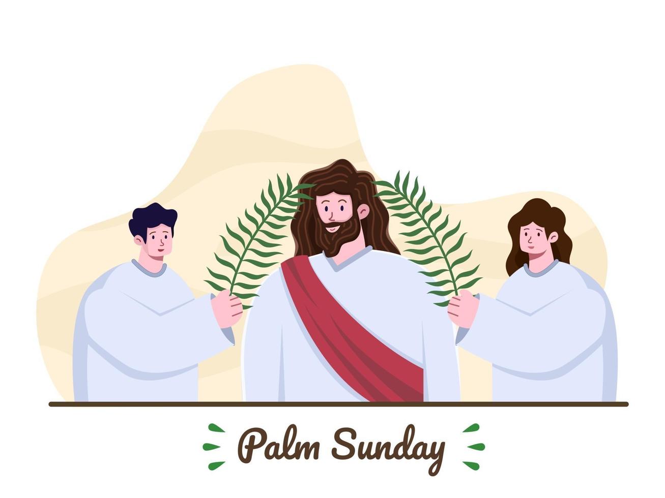 Palmzondag. Jezus komt Jeruzalem binnen en mensen begroeten hem met palmbladeren. Jezus komt als koning naar Jeruzalem. christelijke religieuze feestdag. christelijke bijbelse verhaalillustratie. vector