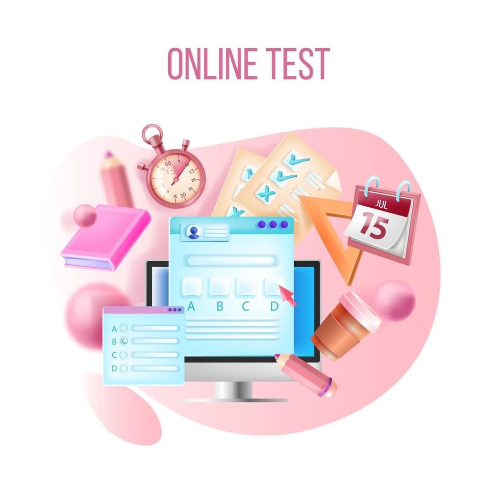 vector online test, internet cursus examen, web onderwijs e-learning concept