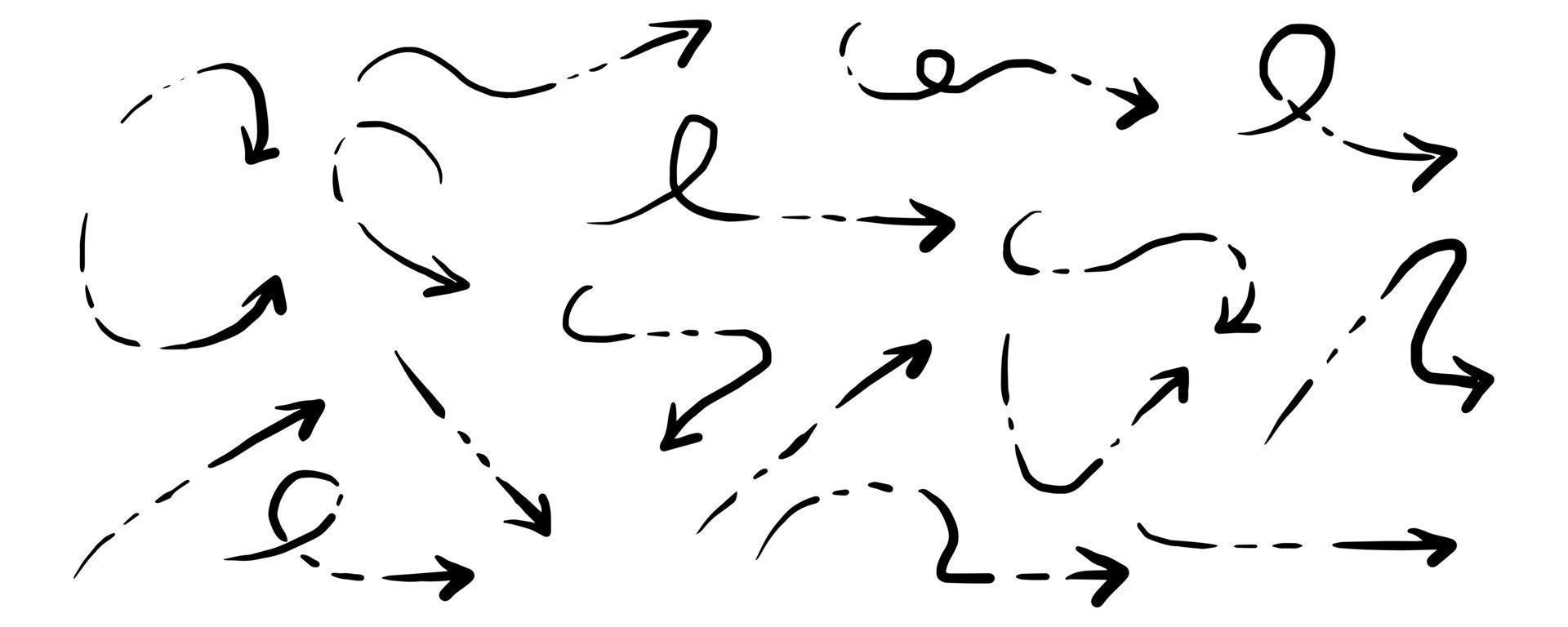 tekening pijlen pictogrammen set. pijl icoon met divers routebeschrijving. pijl richting hand- tekening. geïsoleerd Aan een wit achtergrond. vector illustratie