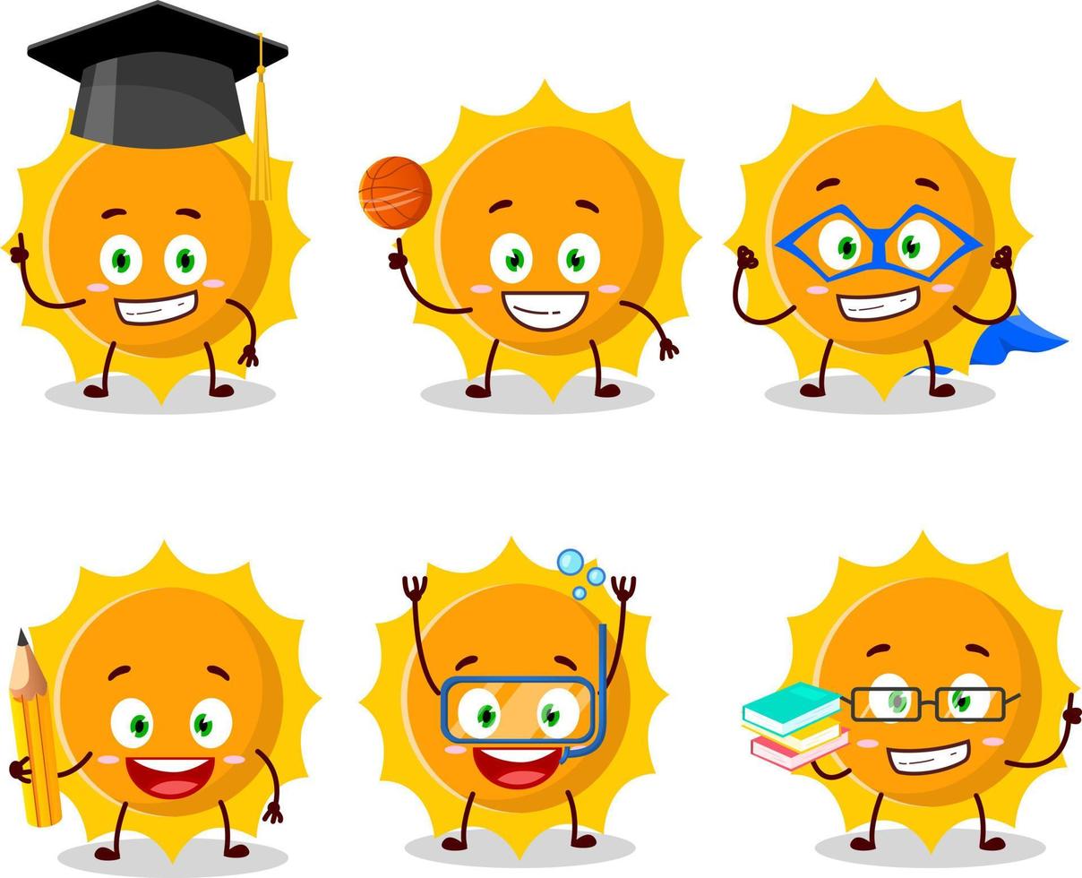 school- leerling van zon tekenfilm karakter met divers uitdrukkingen vector