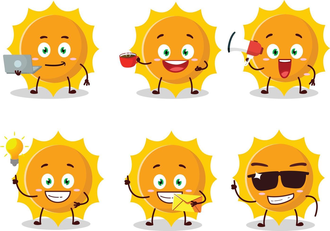 zon tekenfilm karakter met divers types van bedrijf emoticons vector
