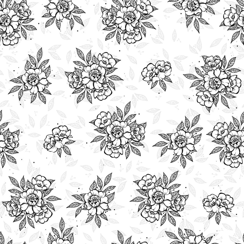 naadloze doodle kunst bloem en blad geïsoleerd op een witte achtergrond. hand getrokken illustratie peony bloem. vector