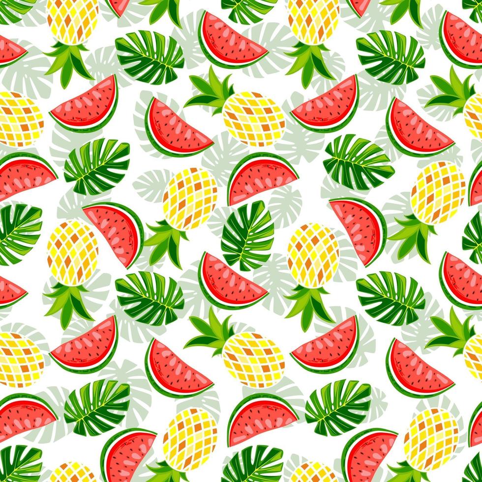 zomerfruit en bladeren naadloos patroon. ananas, watermeloen, monstera en aardbei vector print. textuur voor afdrukken op zomersextiel en telefoonhoesje.