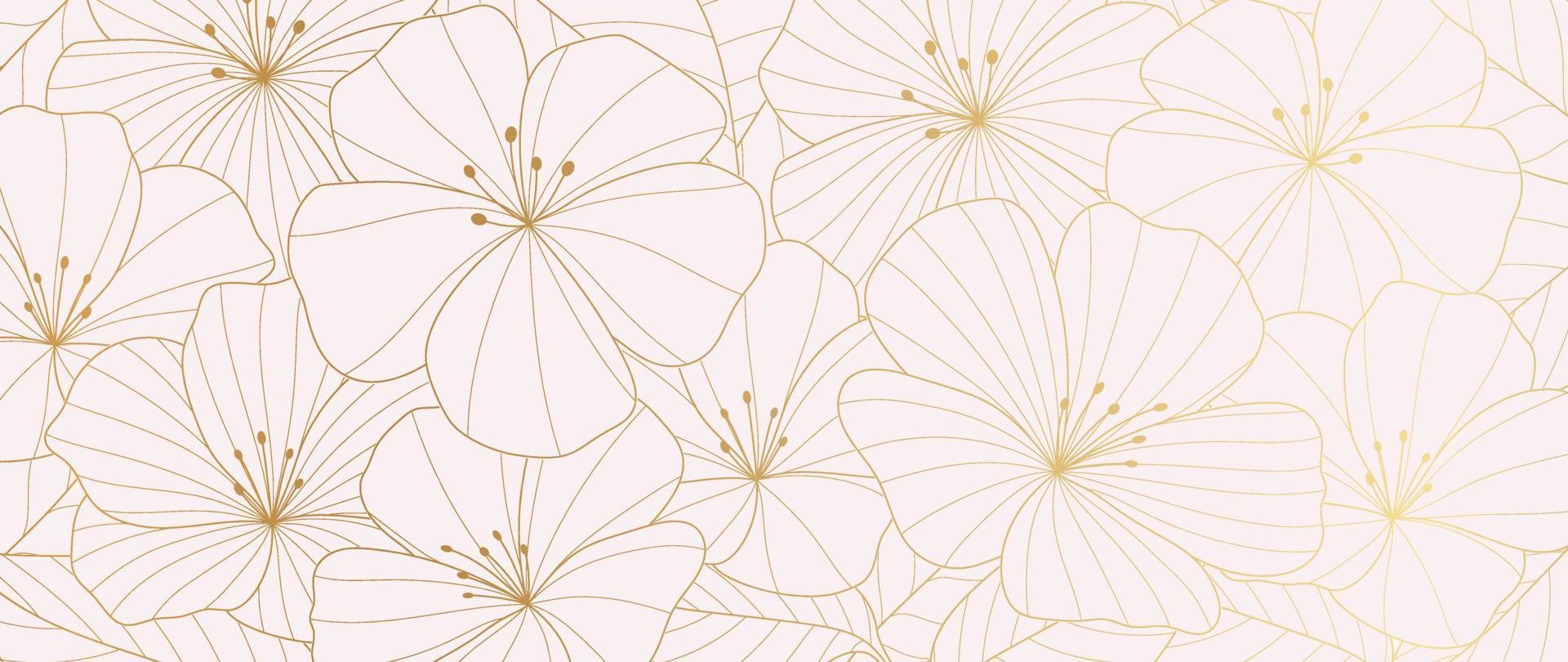 luxe gouden wild bloem lijn kunst achtergrond vector. natuurlijk botanisch elegant bloem met goud lijn kunst. ontwerp illustratie voor decoratie, muur decor, behang, omslag, banier, poster, kaart. vector