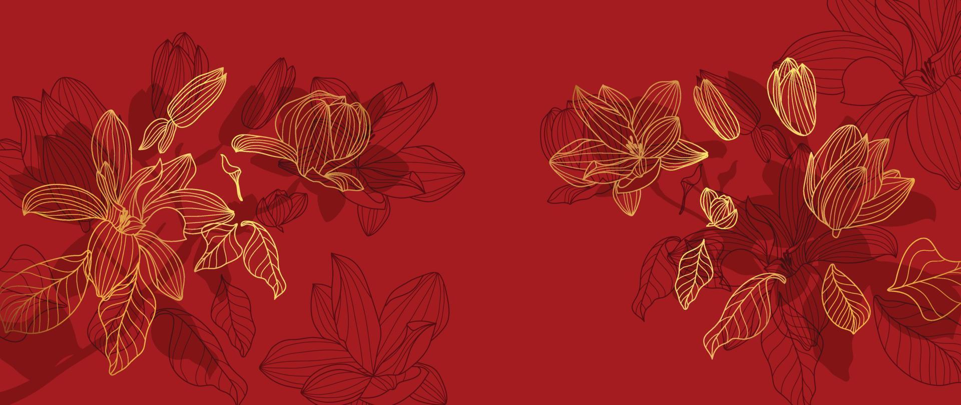 luxe oosters bloem achtergrond vector. elegant magnolia bloemen en bladeren gouden lijn kunst patroon structuur Aan rood achtergrond. ontwerp illustratie voor decoratie, behang, poster, banier, kaart. vector
