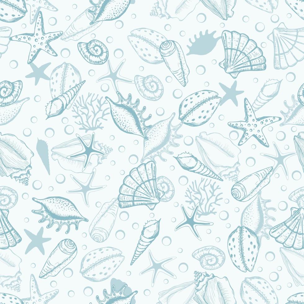 hand getrokken zeeschelpen, zeewier en sterren naadloze collectie. mariene illustratie shell. ideaal voor stof, behang, inpakpapier, textiel, beddengoed, t-shirtprint. vector