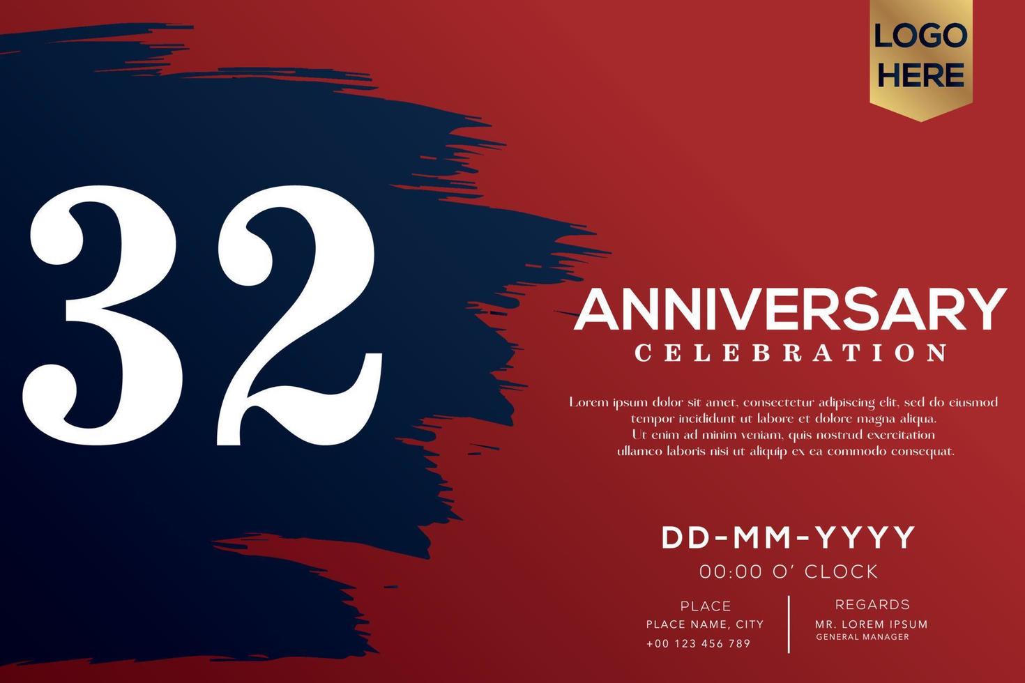 32 jaren verjaardag viering vector met blauw borstel geïsoleerd Aan rood achtergrond met tekst sjabloon ontwerp