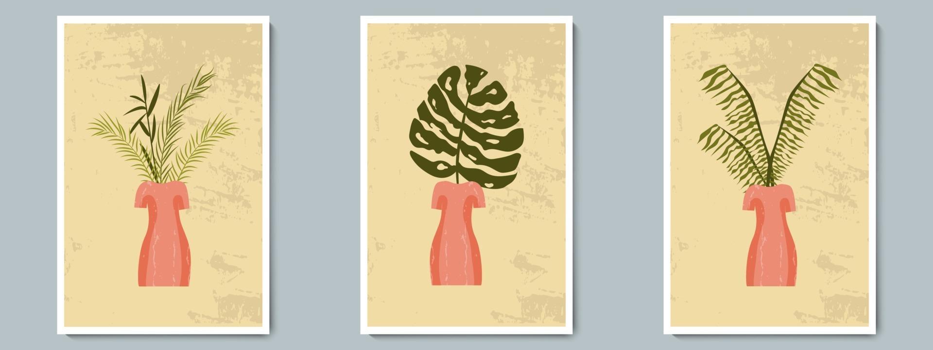 hand tekenen ongebruikelijke vrouw figuur aardewerk vaas met tropische planten. trendy collage voor decoratie in griekse stijl. vector