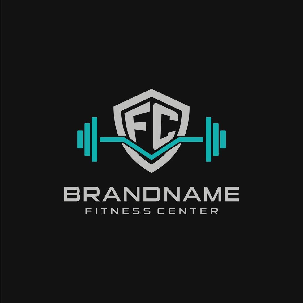 creatief brief fc logo ontwerp voor Sportschool of geschiktheid met gemakkelijk schild en barbell ontwerp stijl vector