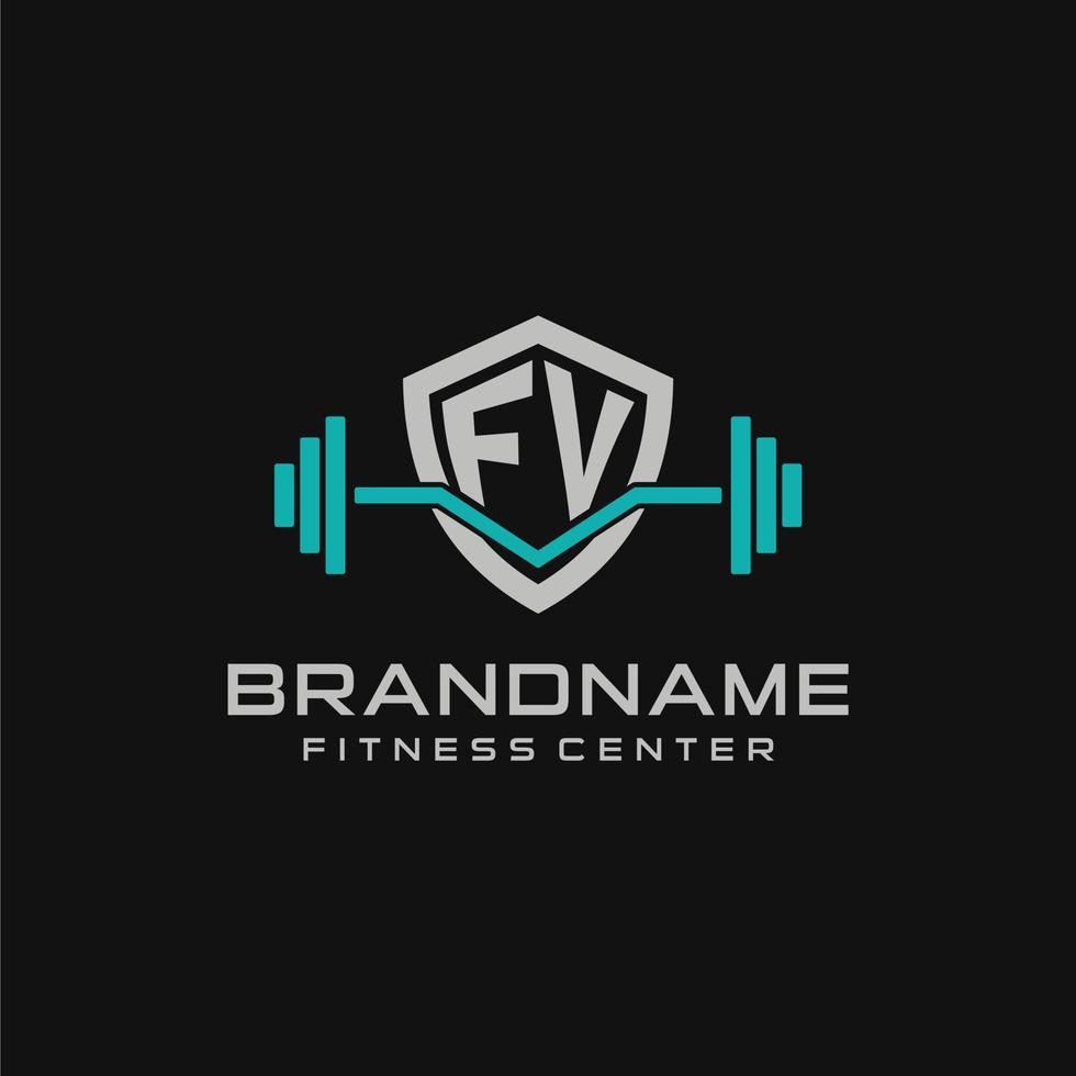 creatief brief fv logo ontwerp voor Sportschool of geschiktheid met gemakkelijk schild en barbell ontwerp stijl vector