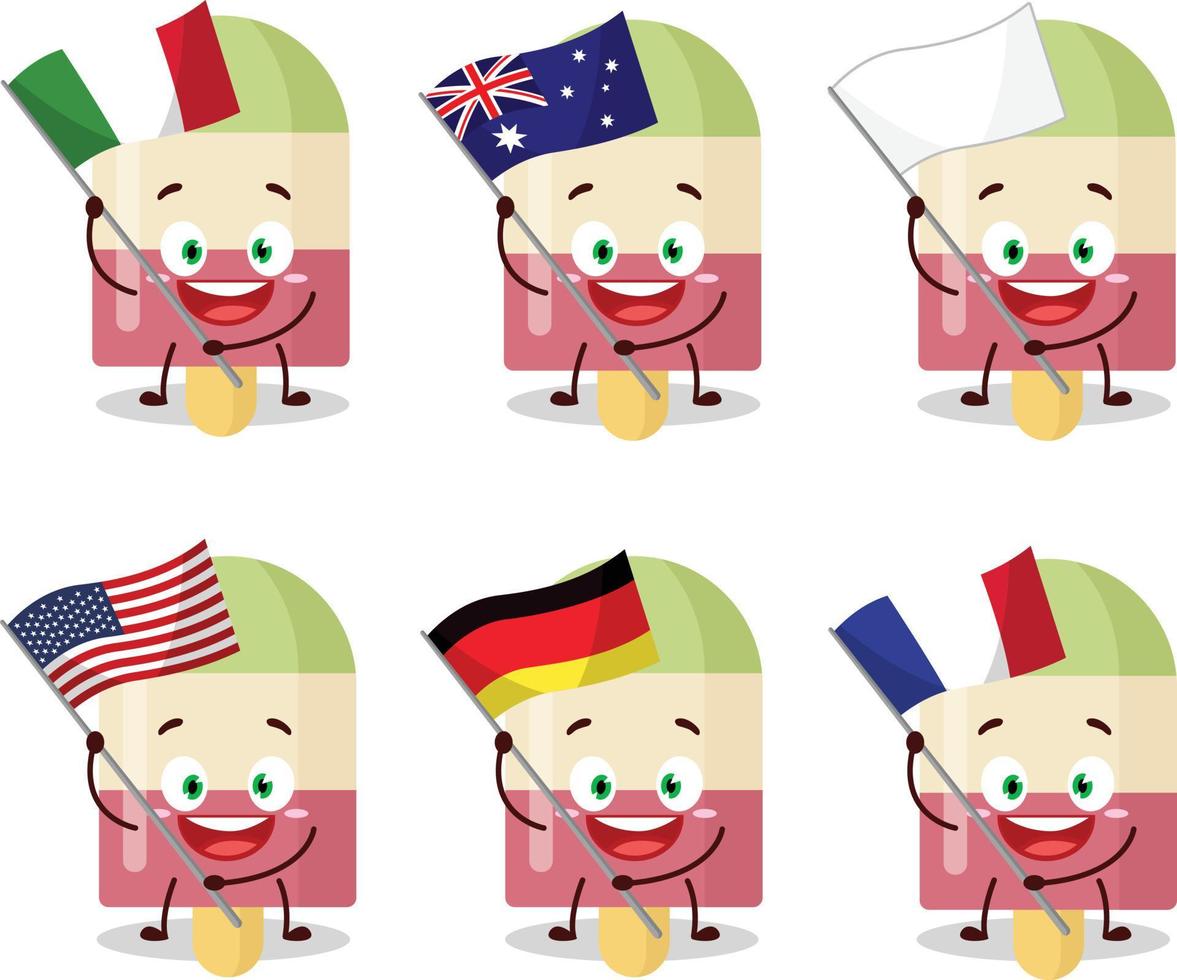 watermeloen ijs room tekenfilm karakter brengen de vlaggen van divers landen vector