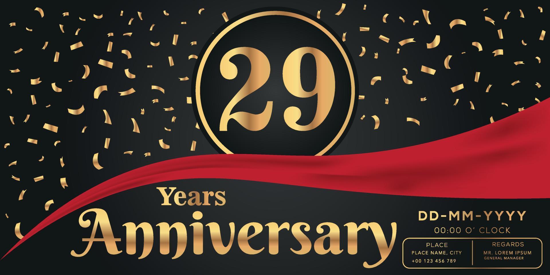 29e jaren verjaardag viering logo Aan donker achtergrond met gouden getallen en gouden abstract confetti vector ontwerp