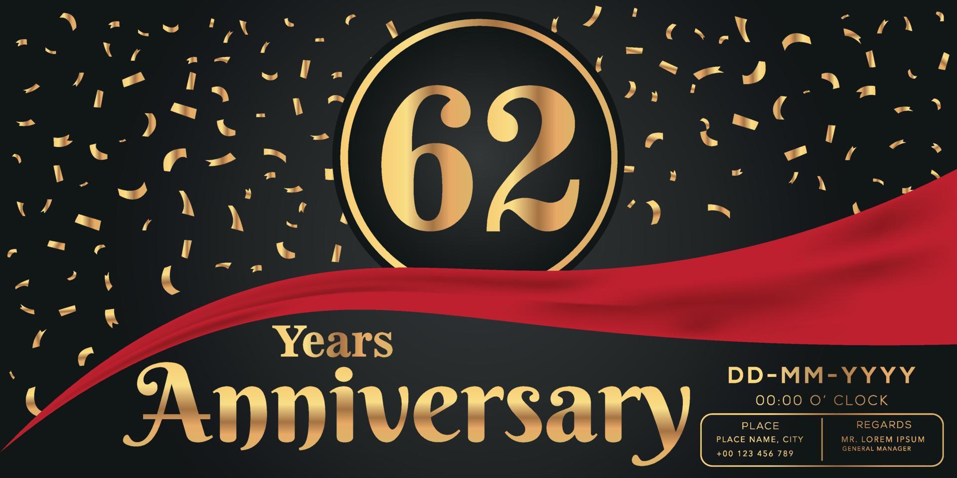 62e jaren verjaardag viering logo Aan donker achtergrond met gouden getallen en gouden abstract confetti vector ontwerp