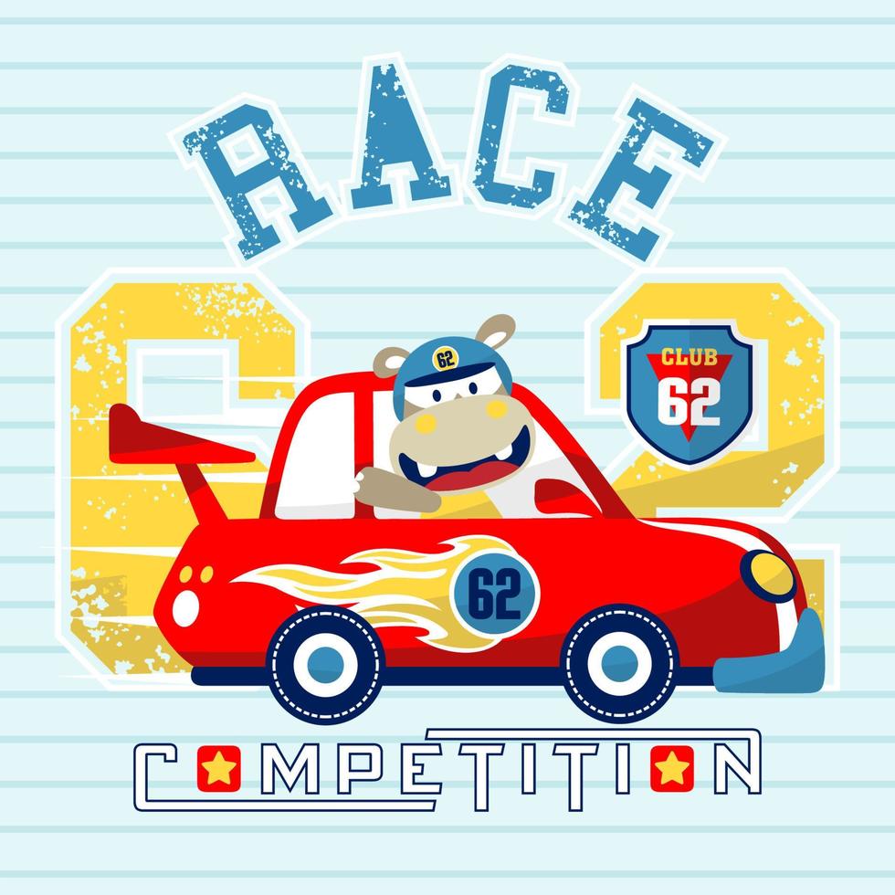 schattig nijlpaard Aan racing auto, vector tekenfilm illustratie