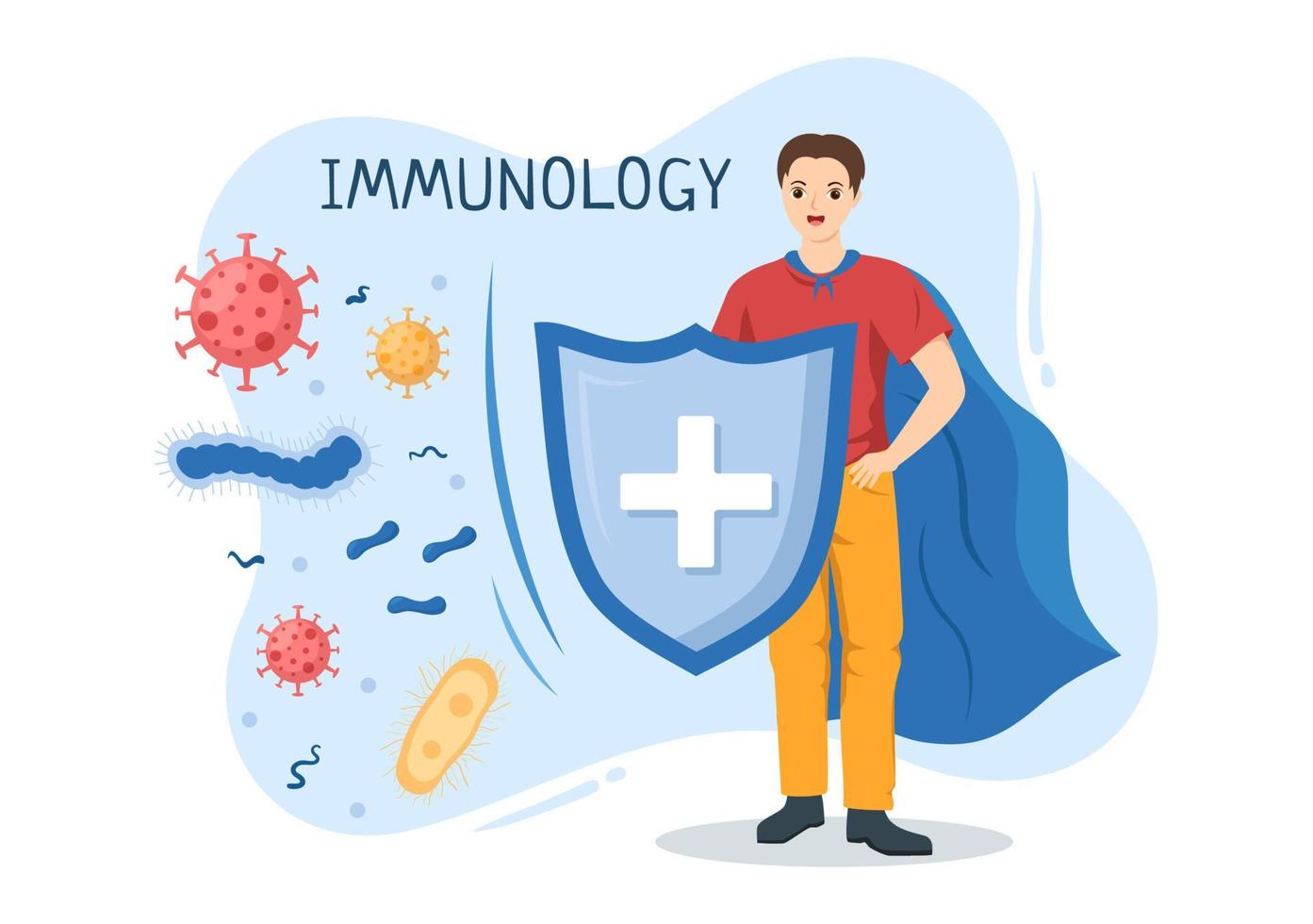immunologie illustratie met mensen immuun bescherming systeem helpen naar krijgen ontdoen van infecties en schadelijk bacterie in tekenfilm hand- getrokken Sjablonen vector