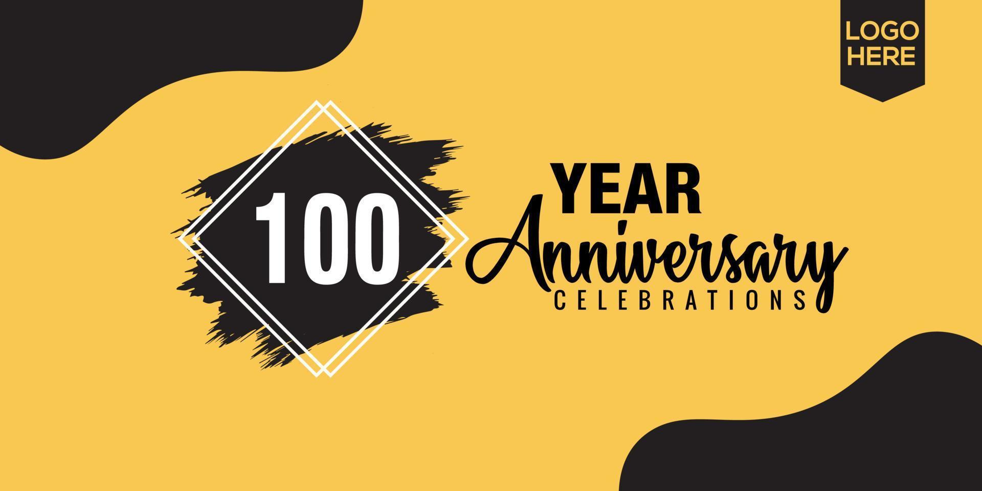 100ste jaren verjaardag viering logo ontwerp met zwart borstel en geel kleur met zwart abstract vector illustratie