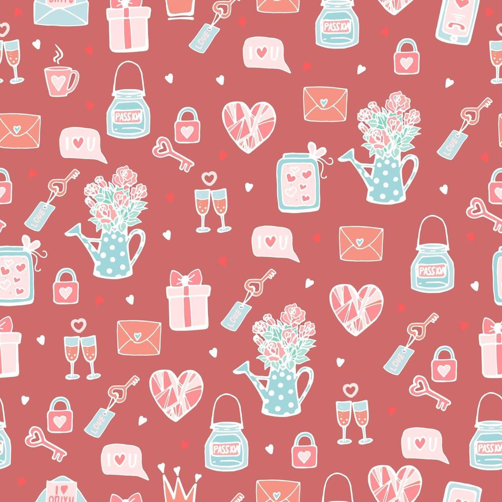 naadloze schattig patroon voor geliefden of bruiloft, meisje roze patroon met elementen in de stijl van doodle, harten, liefdesbrief, rozen, boeket, slot met sleutel, fiets met bloemen, hand tekenen. vector
