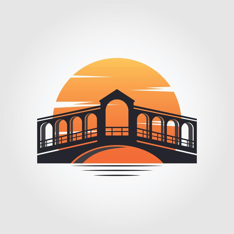 wijnoogst rialto brug met zonsondergang achtergrond logo ontwerp. brug logo illustratie vector