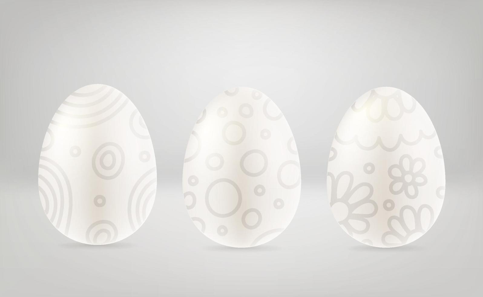 happy easter wenskaartsjabloon. witte eieren met decor op lichte achtergrond vector