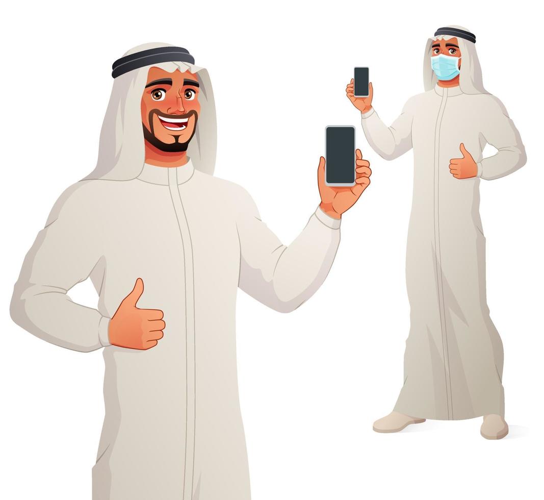 Arabische man in keffiyeh die het lege verticale smartphonescherm met omhoog duim toont. vector stripfiguur geïsoleerd op een witte achtergrond. laat het uitknipmasker los voor volledige grootte.