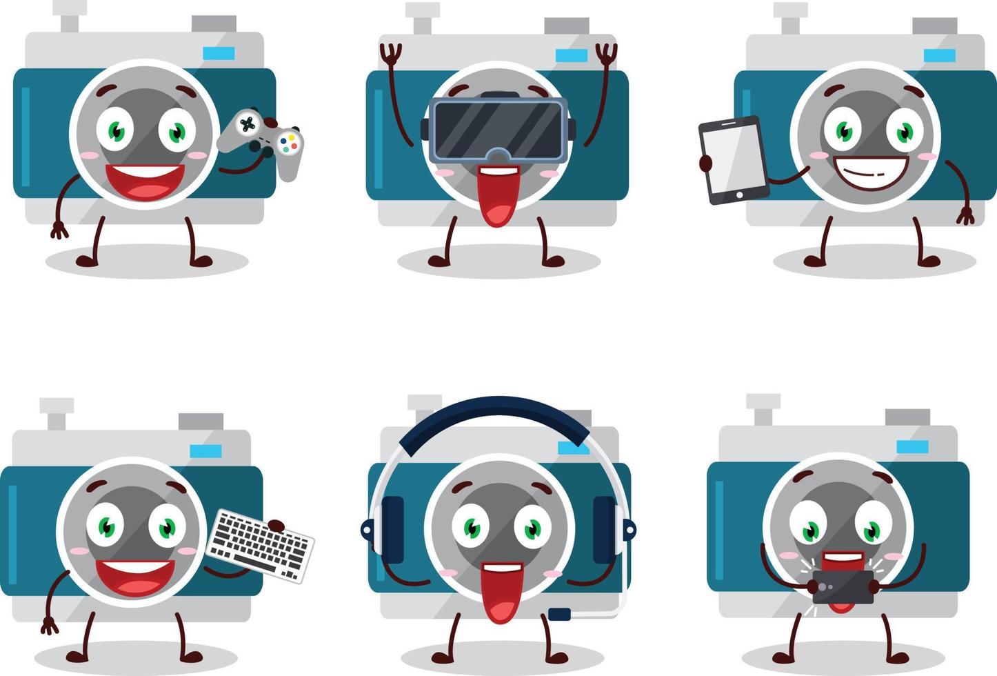 camera zak- tekenfilm karakter zijn spelen spellen met divers schattig emoticons vector