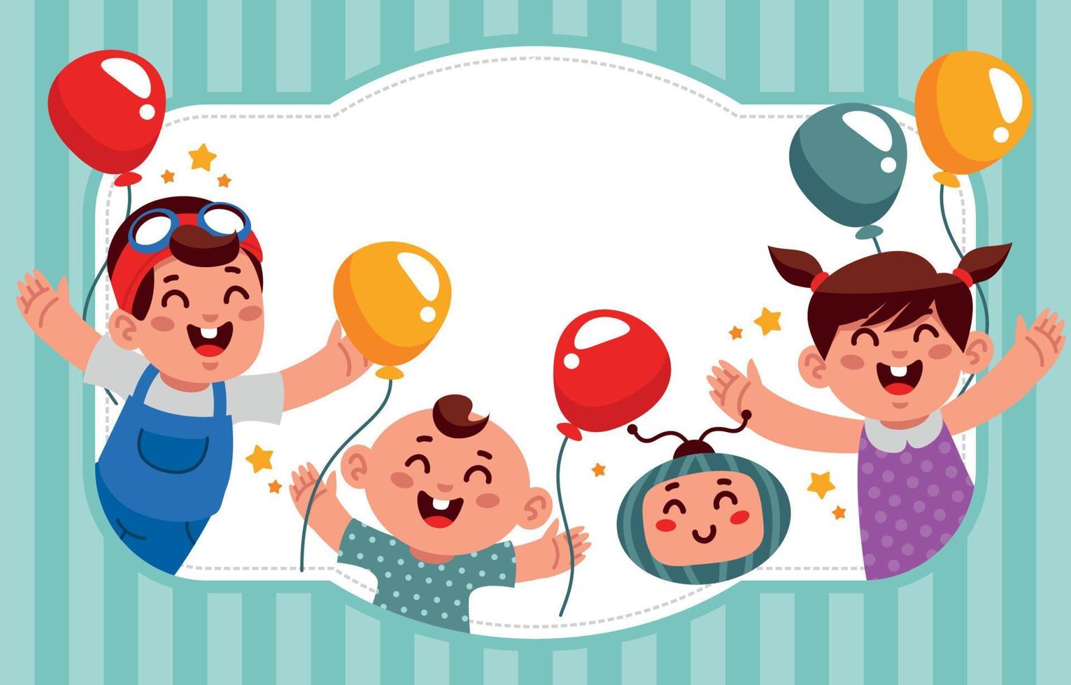 baby jongen en vrienden glimlachen gelukkig met ballonnen in de omgeving van vector