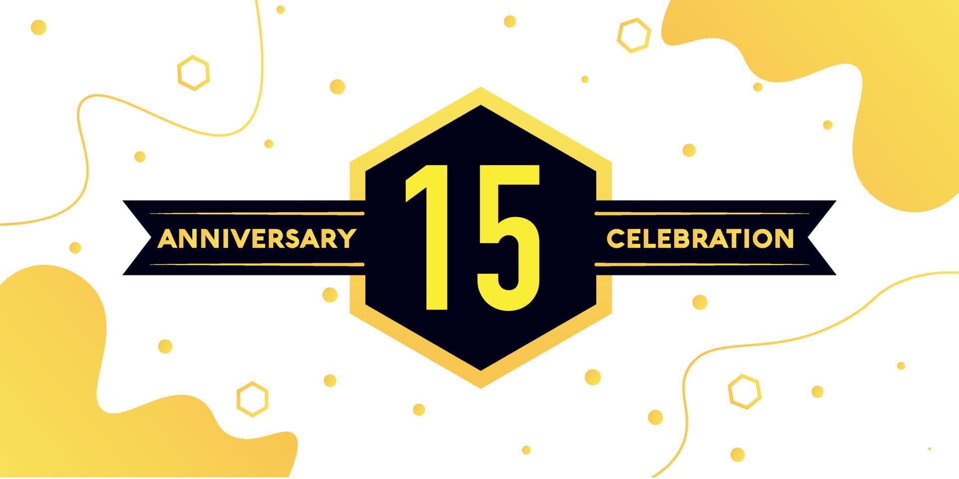15 jaren verjaardag logo vector ontwerp met geel meetkundig vorm met zwart en abstract ontwerp Aan wit achtergrond sjabloon