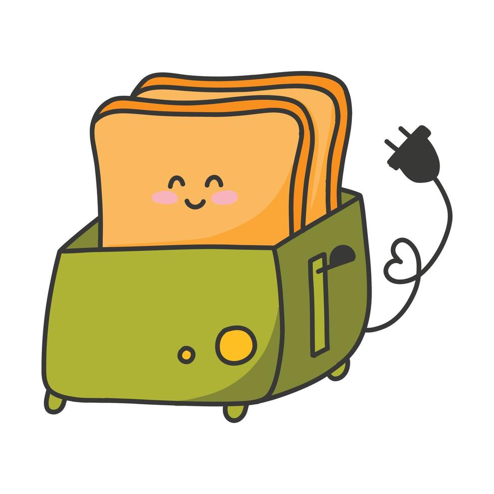 kawaii stijl tosti apparaat. vector illustratie. tosti apparaat met geroosterd brood karakter. mooi zo ochtend. toast met een glimlach in tekenfilm stijl.