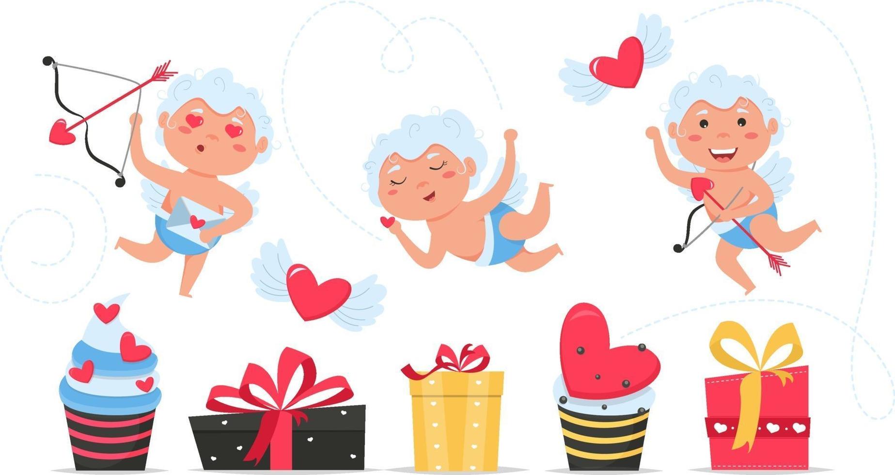 valentijn cupido hou van speelse engelen. jongen of meisje cupido met geschenkdoos. vector