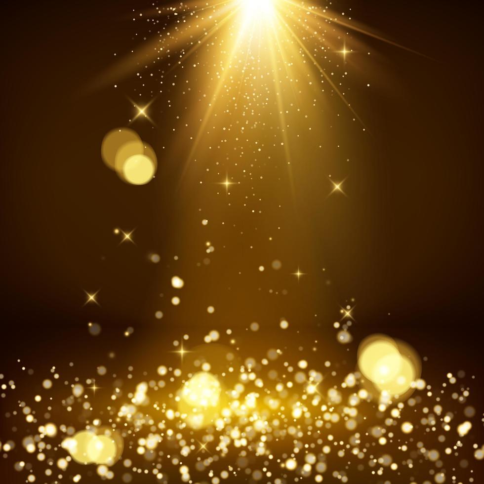 licht stralen en gouden vallend glinsterende stof. magie achtergrond. glimmend spotlight of tafereel. wazig lichten bokeh. vector illustratie